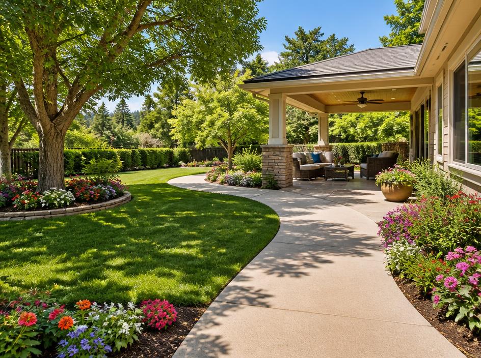 Peaceful backyard garden and covered patio
