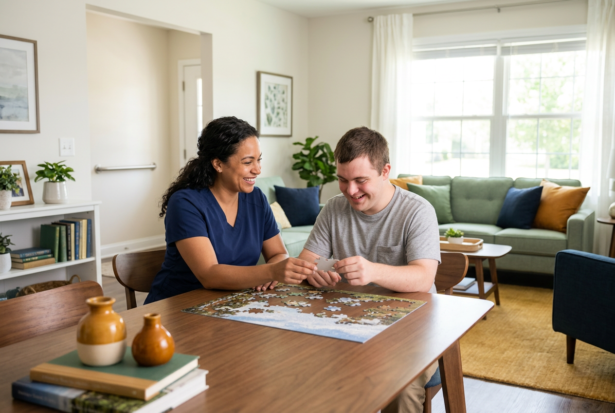 Compassionate EmpowerCare caregiver sharing a puzzle activity with an adult resident